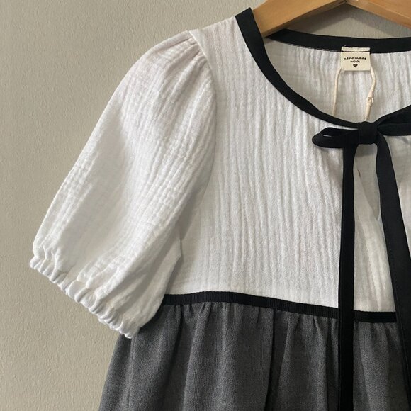 Handmade Children's 100% Cotton Black Grey White Ribbon Detail Dress - Picture 5 of 12